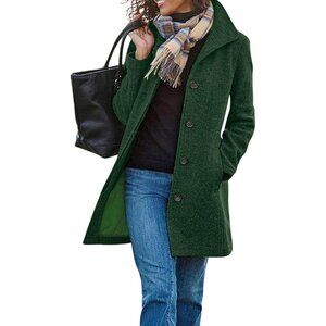 Women's Green Casual Wool Blend Stand Collar Single Breasted Mid Long Pea Coat